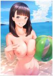  ball bangs beach beachball blunt_bangs breasts cleavage day deep_skin eyebrows_visible_through_hair grin hand_on_own_chest highres large_breasts nanahime navel nipples nude ocean one_eye_closed original out-of-frame_censoring outdoors parted_lips purple_eyes purple_hair smile solo sweat teeth water 