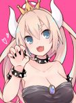  :d bangs bare_shoulders black_collar black_dress blonde_hair blue_eyes bowsette bracelet breasts chest_jewel claw_pose cleavage collar collarbone commentary_request crown dress earrings eyebrows_visible_through_hair fangs hair_between_eyes hand_up heart high_ponytail highres horns jewelry large_breasts long_hair looking_to_the_side mario_(series) new_super_mario_bros._u_deluxe open_mouth pink_background sawara_(starligtvision) sidelocks simple_background smile solo spiked_armlet spiked_bracelet spiked_collar spikes strapless strapless_dress super_crown thick_eyebrows upper_body v-shaped_eyebrows 