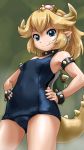  alternate_costume armlet armpit_peek ass_visible_through_thighs bare_arms bare_shoulders black_collar blonde_hair blue_earrings blue_eyes blue_swimsuit blurry bowsette bracelet cameltoe closed_mouth collar commentary_request covered_navel cowboy_shot crown depth_of_field disconnected_mouth earrings fang fang_out flipped_hair from_below from_side green_background hair_flaps hands_on_hips high_ponytail hips horns jewelry light_smile lizard_tail looking_at_viewer mario_(series) medium_hair new_super_mario_bros._u_deluxe old_school_swimsuit one-piece_swimsuit partial_commentary pointy_ears ponytail rohitsuka school_swimsuit shiny shiny_clothes shiny_hair sidelocks smile solo spiked_armlet spiked_bracelet spiked_collar spiked_shell spiked_tail spikes standing super_crown swimsuit tail thighs turtle_shell underbite v-shaped_eyebrows younger 