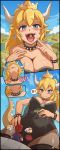  2girls ? absurdres bare_shoulders between_breasts blonde_hair blue_eyes blush bowsette bracelet breasts brown_hair cameltoe cleavage collar collarbone commentary covered_navel crown day earrings english english_commentary eyebrows_visible_through_hair fang giantess goomba hair_between_eyes hand_on_hip hand_on_own_stomach hat highres horns jewelry karbo large_breasts leotard licking_lips long_hair mario mario_(series) multiple_girls new_super_mario_bros._u_deluxe nipple_slip nipples outdoors overalls pantyhose piranha_plant princess_peach sharp_teeth shiny shiny_skin size_difference smile spiked_bracelet spiked_collar spikes spoken_person stomach_(organ) stomach_growling super_crown super_mario_odyssey swallowing tail tail_wagging teeth thighhighs thought_bubble throat_bulge tongue tongue_out uvula vore 