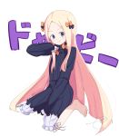  abigail_williams_(fate/grand_order) absurdres bangs barefoot black_bow black_dress black_hat blonde_hair bloomers blue_eyes blush bow bug butterfly closed_mouth commentary_request dress eyebrows_visible_through_hair fate/grand_order fate_(series) forehead full_body hair_bow hat head_tilt highres insect kujou_karasuma long_hair long_sleeves looking_at_viewer orange_bow parted_bangs polka_dot polka_dot_bow signature simple_background sleeves_past_fingers sleeves_past_wrists smile solo translation_request underwear very_long_hair white_background white_bloomers 