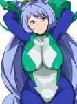  1girl arms_up blue_eyes blue_hair bodysuit boku_no_hero_academia breasts cafekun eyebrows_visible_through_hair hadou_nejire impossible_bodysuit impossible_clothes large_breasts long_hair simple_background smile solo white_background 
