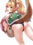  alternate_eye_color aqua_earrings ass back bangs bare_shoulders black_leotard blonde_hair blush bowsette carrying doll from_behind green_eyes hair_between_eyes highleg highleg_leotard kneepits leotard long_ponytail looking_at_viewer looking_back mario_(series) new_super_mario_bros._u_deluxe nyaa_(nyaanyaa) open_mouth pointy_ears reflective_eyes sharp_teeth shiny shiny_hair short_hair sidelocks simple_background solo spiked_shell spiked_tail strapless strapless_leotard super_crown super_mushroom tail teeth thighs walking white_background 