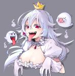  blush boo breasts cleavage covering_face crown dress earrings face flying frilled_gloves frills ghost ghost_pose gloves gradient gradient_background hair_between_eyes jewelry long_tongue luigi's_mansion mario_(series) mini_crown nerokuro new_super_mario_bros._u_deluxe open_mouth princess_king_boo puffy_short_sleeves puffy_sleeves red_eyes sharp_teeth short_sleeves simple_background super_crown teeth tilted_headwear tongue tongue_out upper_body white_dress white_gloves white_hair 