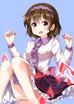  :d barefoot blue_background brown_hair eyebrows_visible_through_hair frilled_skirt frills highres long_sleeves looking_at_viewer musical_note necktie open_mouth purple_eyes purple_neckwear ruu_(tksymkw) shirt short_hair simple_background skirt smile solo toes touhou tsukumo_yatsuhashi white_shirt 
