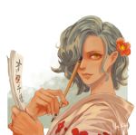  artist_name calligraphy calligraphy_brush character_request commentary english_commentary floral_print flower green_hair hair_flower hair_ornament hair_over_one_eye highres japanese_clothes k164 kimono lipstick_mark one_piece paintbrush portrait short_hair slit_pupils solo yellow_eyes 