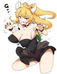  aoi_renji bare_shoulders black_collar black_dress blonde_hair blue_earrings blue_eyes bowsette bracelet breasts claw_pose cleavage collar crown dress earrings eyebrows_visible_through_hair highres horns jewelry large_breasts mario_(series) new_super_mario_bros._u_deluxe pointy_ears sharp_teeth simple_background solo spiked_armlet spiked_bracelet spiked_collar spiked_shell spikes strapless strapless_dress super_crown teeth turtle_shell white_background 