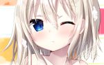  asymmetrical_hair bangs blonde_hair blue_eyes blush closed_mouth collarbone commentary_request eyebrows_visible_through_hair face hair_between_eyes head_tilt long_hair one_eye_closed original partial_commentary portrait soap_bubbles solo tia-chan uchuuneko wet wet_hair 