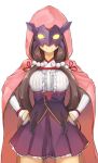  breasts brown_hair center_frills closed_mouth corset cowboy_shot facing_viewer fate/grand_order fate_(series) frilled_shirt frilled_skirt frills glowing hair_bobbles hair_ornament hands_on_hips hood hood_up hooded_cape legs_apart long_hair long_sleeves low_twintails mask medium_breasts osakabe-hime_(fate/grand_order) p!nta pink_cape purple_skirt shirt simple_background skirt sleeves_past_wrists smile solo twintails very_long_hair white_background white_shirt 