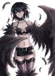  belt black_hair black_harpy black_wings breasts collar collarbone commentary earrings english_commentary feathered_wings feathers groin hair_between_eyes harpy highres jewelry looking_at_viewer medium_breasts microskirt monster_girl monster_girl_encyclopedia navel o-ring parted_lips pointy_ears red_eyes short_hair simple_background skirt smile solo stomach studded_belt thighhighs white_background winged_arms wings zakirsiz 