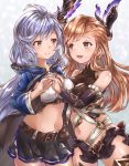  bare_shoulders belt blue_hair braid breasts brown_hair eye_contact granblue_fantasy hair_ornament halterneck interlocked_fingers jacket large_breasts looking_at_another microskirt multiple_girls navel open_mouth silva_(granblue_fantasy) skier skirt smile song_(granblue_fantasy) twin_braids usari_sk yellow_eyes yuri 
