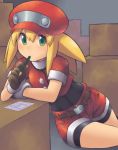  bike_shorts bike_shorts_under_shorts box brown_gloves cabbie_hat cardboard_box commentary_request gloves green_eyes hair_pulled_back hat highres looking_at_viewer m.m pencil red_hat red_shorts rockman rockman_dash roll roll_caskett short_sleeves shorts 