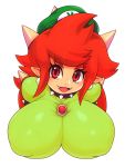  2018 big_breasts bowser_peach breasts clothed clothing collar eyebrows_visible_through_hair eyelashes fangs female hair hat horn humanoid matospectoru nintendo nipple_bulge open_mouth pointy_ears red_eyes red_hair simple_background solo spiked_collar spikes translucent transparent_clothing video_games white_background 