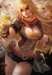  artist_name belt black_gloves black_shorts blonde_hair breasts brown_jacket buckle cleavage commentary deviantart_username ember_celica_(rwby) english_commentary fingerless_gloves fire gloves gun jacket large_breasts lee989y long_hair midriff orange_scarf puffy_short_sleeves puffy_sleeves purple_eyes realistic rwby scarf shell_casing shirt short_sleeves shorts shotgun signature strapless tubetop vambraces waist_cape wavy_hair weapon yang_xiao_long yellow_shirt 