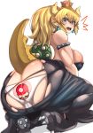  1boy 1girl areola_slip areolae ass bare_shoulders blush bowsette breasts butt_crack crown curvy dress embarrassed facial_hair high_heels highres huge_ass kneeling large_breasts looking_at_viewer looking_back mario mario_(series) mustache nintendo nipple_slip nipples nuezou open_mouth panties ponytail sharp_teeth shell sleeveless sleeveless_dress squat squatting strapless strapless_dress super_mario_bros. surprised tail teeth torn_clothes torn_dress underwear white_panties 
