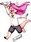  2018 barefoot bastion clothed clothing cub cute digital_media_(artwork) feet female flat_chested foxotter fur hair hybrid mammal mustelid open_mouth otter pink_hair pyravia running simple_background smile solo teeth white_background young 