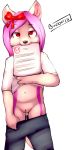  2018 bastion clothing cub digital_media_(artwork) female flashing flat_chested foxotter hair hair_bow hair_ribbon homework hybrid mammal mustelid otter paper pink_hair pussy pyravia red_eyes ribbons simple_background solo vaginal_secreations young 