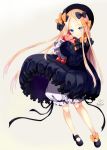  abigail_williams_(fate/grand_order) azuma_yuki bangs black_bow black_dress black_footwear black_hat blonde_hair bloomers blue_eyes blush bow brown_background bug butterfly closed_mouth dress eyebrows_visible_through_hair fate/grand_order fate_(series) forehead gradient gradient_background hair_bow hat insect long_hair long_sleeves looking_at_viewer mary_janes object_hug orange_bow parted_bangs polka_dot polka_dot_bow shoes signature sleeves_past_fingers sleeves_past_wrists smile solo standing stuffed_animal stuffed_toy teddy_bear twitter_username underwear very_long_hair white_background white_bloomers 