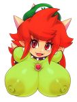  2018 areola big_breasts bowser_peach breasts clothed clothing collar eyebrows_visible_through_hair eyelashes fangs female hair hat horn huge_breasts humanoid matospectoru nintendo nipples open_mouth pointy_ears red_eyes red_hair simple_background solo spiked_collar spikes translucent transparent_clothing video_games white_background 