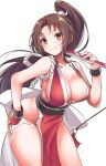  breasts brown_eyes cleavage closed_fan closed_mouth collarbone eyebrows_visible_through_hair fan fatal_fury folding_fan hand_on_hip highres japanese_clothes konnyaku_(kk-monmon) large_breasts long_hair looking_at_viewer ninja pelvic_curtain ponytail revealing_clothes shiranui_mai simple_background smile solo standing the_king_of_fighters white_background 