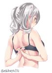  adjusting_bra adjusting_clothes arms_behind_back bare_arms bare_shoulders black_bra blush bra breasts ebifurya eyebrows_visible_through_hair from_behind grey_eyes highres kantai_collection kashima_(kantai_collection) large_breasts long_hair looking_at_viewer midriff open_mouth shiny shiny_skin sidelocks silver_hair simple_background solo tsurime twintails twitter_username underwear underwear_only upper_body wavy_hair 