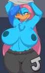  anthro arms_above_head avian beak big_breasts bird blue_eyes blue_feathers blue_hair blush breasts chest_tuft cleavage clothed clothing digital_media_(artwork) duck feathers female fur hair huge_breasts jupiter_(mastergodai) long_hair looking_at_viewer mammal mastergodai multicolored_hair nipples non-mammal_breasts pants pink_hair solo topless tuft two_tone_hair undressing voluptuous webcomic wide_hips 