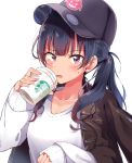  alternate_hairstyle bangs baseball_cap black_hat black_jacket blue_hair blush coffee_cup collarbone commentary_request cup disposable_cup eyebrows_visible_through_hair hat highres holding holding_cup jacket jacket_on_shoulders long_hair long_sleeves love_live! love_live!_sunshine!! magic_circle open_mouth print_hat purple_eyes shoero side_bun solo starbucks sweater tears tsushima_yoshiko twintails upper_body white_sweater 