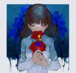  bangs blue_flower border brown_hair chikage_(chi_g0) closed_eyes copyright_name cravat crying eyebrows_visible_through_hair facing_viewer flat_chest flower highres ib ib_(ib) long_hair making_of red_flower rose shirt solo tears 