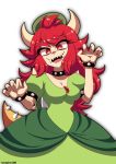 5_fingers bowser_peach bracelet breasts claws cleavage clothed clothing collar dress eyebrows eyelashes female hair humanoid jewelry looking_at_viewer nintendo open_mouth red_eyes red_hair runapiero00 sharp_teeth solo spiked_bracelet spiked_collar spikes teeth thick_eyebrows video_games 