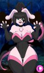  anthro bat_costume big_breasts black_hair breasts chest_tuft choker cleavage clothed clothing cosplay costume fangs female fur green_eyes hair halloween hare hi_res holidays jazmin_usagi lagomorph legwear leotard long_hair mammal mastergodai multicolored_hair pink_fur pink_hair ponytail rabbit rascals skimpy solo stockings thick_thighs thigh_highs tight_clothing tuft two_tone_hair webcomic wide_hips wings 