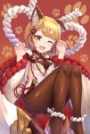 ;d animal_ears ass bangs bare_shoulders blonde_hair blush braid breasts brown_eyes brown_legwear claw_pose detached_sleeves dog_ears dog_tail erune eyebrows_visible_through_hair granblue_fantasy hands_up highres looking_at_viewer one_eye_closed open_mouth pantyhose paw_print rope shimenawa short_hair sideboob simple_background small_breasts smile solo tail tomo_(user_hes4085) vajra_(granblue_fantasy) wide_sleeves 