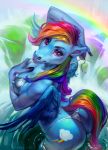  2018 anthro anthrofied arched_back bikini blue_feathers blue_fur breasts butt clothed clothing cutie_mark equine eyebrows eyelashes feathered_wings feathers female fluffy fluffy_tail friendship_is_magic fur hair half-closed_eyes hooved_fingers levelviolet long_hair looking_at_viewer looking_back mammal multicolored_hair multicolored_tail my_little_pony nipple_bulge pegasus pink_lips purple_eyes rainbow_dash_(mlp) rainbow_hair rainbow_tail signature skimpy smile snout solo swimsuit teeth untying water wet wings 