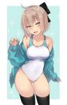 :d absurdres ahoge ass_visible_through_thighs black_legwear breasts brown_eyes brown_hair collarbone commentary_request competition_swimsuit covered_navel cowboy_shot fate/grand_order fate_(series) half_updo head_tilt highres iriehana jacket large_breasts looking_at_viewer off_shoulder okita_souji_(fate) okita_souji_(fate)_(all) one-piece_swimsuit open_clothes open_jacket open_mouth short_hair sleeves_past_wrists smile solo swimsuit thighhighs 