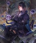  artist_request boots broken broken_sword broken_weapon brown_hair cygames darkness dress frills gilnelise_omen_of_craving gloves hair_ornament hair_ribbon looking_at_viewer official_art orb puffy_sleeves purple_eyes ribbon ruins shadowverse smirk sword thigh_boots thighhighs weapon 