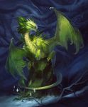  2018 allagar ambiguous_gender claws detailed_background dragon feral green_scales leaf_dragon membranous_wings moss outside scales scalie sitting snow solo western_dragon wings 