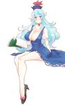 :o bare_legs black_footwear blue_eyes blue_hair blush book breasts bursting_breasts collarbone commentary_request covered_nipples eyebrows_visible_through_hair hat highres kamishirasawa_keine large_breasts long_hair looking_at_viewer neck_ribbon no_bra non_(z-art) puffy_short_sleeves puffy_sleeves red_eyes ribbon shoe_ribbon shoes short_sleeves simple_background sitting skirt skirt_set solo touhou very_long_hair wavy_hair white_background 