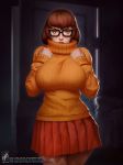  blush breast_suppress breasts brown_eyes brown_hair commentary dark doorway english_commentary facing_viewer georgy_stacker glasses hands_on_own_chest highres indoors large_breasts lips looking_at_viewer orange_shirt orange_sweater pleated_skirt red_lips ribbed_sweater scooby-doo shirt short_hair skirt solo standing sweater turtleneck velma_dace_dinkley watermark web_address 