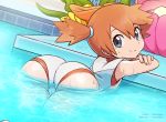  ass bent_over blue_eyes commentary gym_leader highres kasumi_(pokemon) looking_at_viewer merunyaa one-piece_swimsuit partially_submerged pokemon pokemon_(game) pokemon_lgpe ponytail pool short_ponytail smile solo swimsuit water watermark wet white_swimsuit 