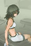  1girl black_hair eyepatch female from_behind gym kantai_collection kiso_(kantai_collection) looking_back muscle sitting solo sports_bra sweat toned yamaioni_(sasakama) 