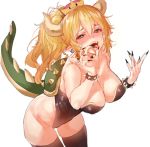  bangs black_collar black_leotard black_nails blonde_hair blue_earrings blush bowsette bracelet breasts claw_pose claws cleavage collar crown dirty_face earrings fellatio_gesture hair_between_eyes highres horns jewelry large_breasts leaning_forward leotard looking_at_viewer mario_(series) mx2j_(nsh6394) nail_polish new_super_mario_bros._u_deluxe open_mouth pointy_ears ponytail sharp_teeth spiked_bracelet spiked_collar spiked_shell spiked_tail spikes strapless strapless_leotard super_crown super_mario_bros. tail teeth thighhighs transformation turtle_shell 