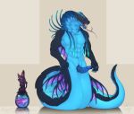  anthro bioluminescence blue_scales erection fin glowing iamghostdivision invalid_color male muscular naga nude open_mouth penis potion purple_eyes reptile scales scalie serpentine simple_background snake solo teeth tendrils tongue tongue_out zhorcodi 