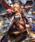  artist_request bird blonde_hair breasts chain_whip cygames earrings gloves high_heels jacket jewelry keyring large_breasts leg_up looking_at_viewer midriff octrice_omen_of_usurpation official_art purple_eyes shadowverse smile thighhighs treasure_chest 