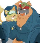  2018 anthro beanie black_nose bulge bulldog canine cat clothed clothing coveralls digital_drawing_(artwork) digital_media_(artwork) dog dribble duo eyebrows eyes_closed eyewear feline fur goggles hair hat hyaku1063 interspecies larger_male long_tail male male/male mammal muscular muscular_male nintendo open_mouth orange_fur pecs red_nose short_tail simple_background sitting size_difference smaller_male smile spitz_(warioware) teeth thick_eyebrows tongue tuft tusks video_games warioware whiskers white_fur yellow_fur zipper 