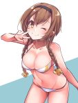  ;) bikini black_headband blush braid breasts brown_hair cleavage collarbone hair_ornament headband kantai_collection konnyaku_(kk-monmon) large_breasts long_hair looking_at_viewer navel one_eye_closed propeller_hair_ornament sketch skindentation smile solo swimsuit teruzuki_(kantai_collection) twin_braids two-tone_background v white_bikini 