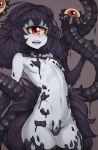 :d absurdres black_hair breasts commentary cyclops extra_eyes gazer_(monster_girl_encyclopedia) grey_skin highres huge_filesize long_hair looking_at_viewer monster_girl monster_girl_encyclopedia navel nude one-eyed open_mouth ovosh147 red_eyes sharp_teeth simple_background small_breasts smile solo tail teeth tentacles yellow_sclera 