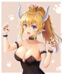  armlet bare_shoulders black_nails blue_eyes bowsette bracelet breasts brown_background claw_pose cleavage collar collarbone crown eyebrows_visible_through_hair fang highres horns jewelry large_breasts lkeris long_hair looking_at_viewer mario_(series) nail_polish new_super_mario_bros._u_deluxe open_mouth paw_background pointy_ears ponytail sidelocks solo spiked_armlet spiked_bracelet spiked_collar spikes super_crown 