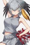  bare_shoulders bird_wings blonde_hair blush bouncing_breasts breasts cheerleader collarbone collared_shirt cowboy_shot eyebrows_visible_through_hair grey_hair guchico hair_tie hand_on_hip hand_up head_wings kemono_friends large_breasts midriff_peek multicolored_hair navel pleated_skirt pom_poms shirt shoebill_(kemono_friends) short_hair skirt sleeveless solo taut_clothes taut_shirt wings 