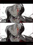  blood blood_on_face blood_splatter bloody_clothes closed_eyes hair_between_eyes high_contrast highres hood hood_up japanese_clothes jewelry looking_at_viewer male_focus messy_hair mzet necklace smile touken_ranbu tsurumaru_kuninaga white_hair yellow_eyes 