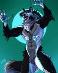  2018 5_fingers abs anthro biceps black_fur black_hair black_nose black_skin blue_background blue_eyes blue_fur blue_hair blue_skin canine claws elbow_tufts featureless_crotch feralise fingerpads fluffy fur grey_fur grey_hair grey_skin growling hair hair_tuft intimidating looking_aside male mammal markings multicolored_fur multicolored_hair multicolored_skin muscular muscular_male muscular_thigh open_mouth pecs roaring sharp_teeth simple_background solo standing teeth tongue tuft were werewolf white_fur white_hair white_skin wolf 