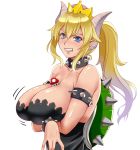  armlet arms_under_breasts bangs between_breasts black_collar black_dress blonde_hair blush bowsette bracelet breasts cleavage clenched_teeth collar commentary_request crown dress hair_between_eyes highres horns jewelry large_breasts looking_at_viewer mario_(series) mushroom new_super_mario_bros._u_deluxe pink_lips pointy_ears sharp_teeth spiked_armlet spiked_bracelet spiked_collar spiked_shell spikes strapless strapless_dress super_crown super_mario_bros. suuitchi teeth transformation turtle_shell 